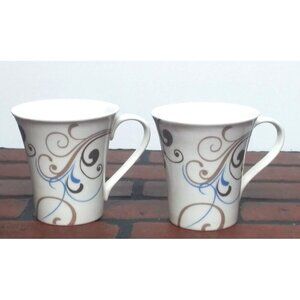 2 Coventry Coffee Mugs Porcelain Fine China CHOCO SCROLL beige blue brown PRETTY